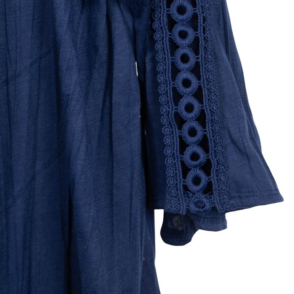 New York Laundry Peasant Blouse L Womens Navy Blue Crochet Tie 3/4 Bell Sleeves - Picture 6 of 7